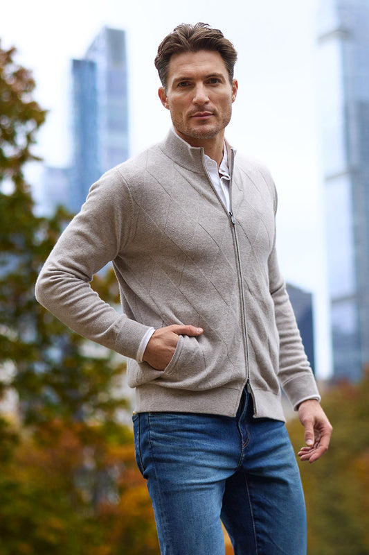 Raffi 90/10 Wool Cashmere Long Sleeve Front Zip Jacquard Jacket